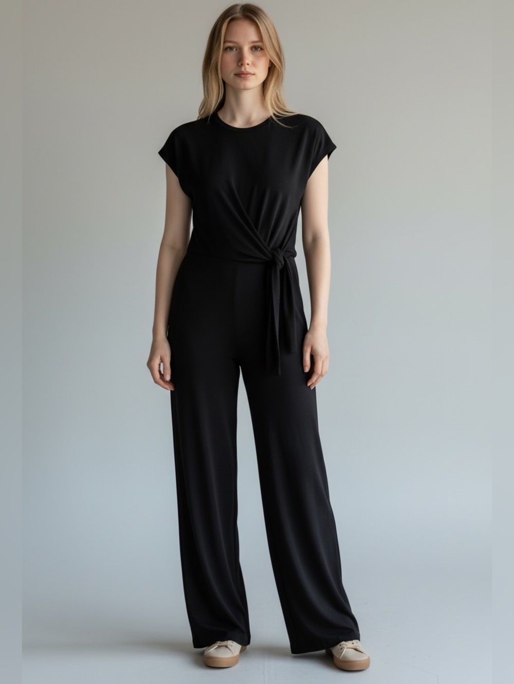 OAK + FORT Black Wrap-Front Wide-Leg Romper with Tie